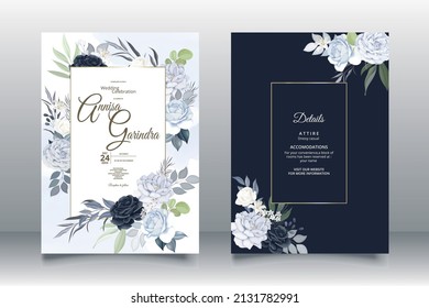 Beautiful navy blue floral frame wedding invitation card template Premium Vector