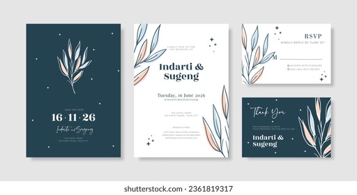 Beautiful navy and white wedding invitation template with beautiful eucalyptus