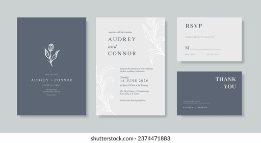 Beautiful navy and white wedding invitation template with beautiful eucalyptus