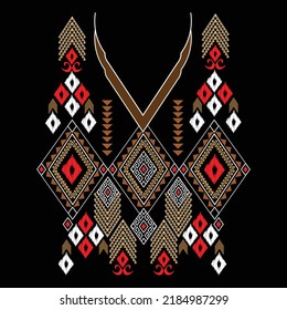 Beautiful neckline embroidery.geometric ethnic oriental pattern traditional on black background.Aztec style,abstract,vector,illustration.design for texture,fabric,fashion women wearing,clothing,print.