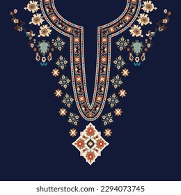 Beautiful neckline embroidery.geometric ethnic oriental pattern traditional on black background.Aztec style,abstract,vector,illustration.design for texture,fabric,clothing,fashion women wearing,print.