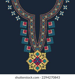 Beautiful neckline embroidery.geometric ethnic oriental pattern traditional on black background.Aztec style,abstract,vector,illustration.design for texture,fabric,clothing,fashion women wearing,print.