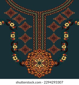 Beautiful neckline embroidery.geometric ethnic oriental pattern traditional on black background.Aztec style,abstract,vector,illustration.design for texture,fabric,clothing,fashion women wearing,print.