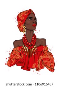 A beautiful negress in a dress and turban with patterns. Africa. Ethnic clothing and accessories, fashion and style. Vector illustration. Gold and jewels.