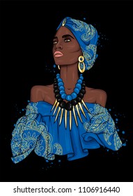 A beautiful negress in a dress and turban with patterns. Africa. Ethnic clothing and accessories, fashion and style. Vector illustration. Gold and jewels.