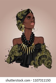 A beautiful negress in a dress and turban with patterns. Africa. Ethnic clothing and accessories, fashion and style. Vector illustration. Gold and jewels.