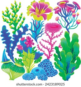 Beautiful neon aquarium plants botanical style illustration.