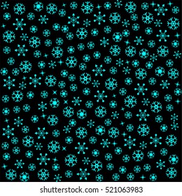 Beautiful neon blue snowflake pattern in different type on black background