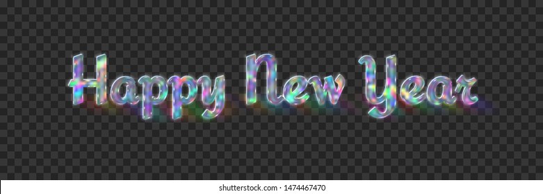 Beautiful neon inscription Happy New Year on a transparent dark background. Luminous vivid multicolored volumetric letters with shadow for festive decoration design, template, sales promotion.
