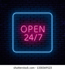 Beautiful neon inscription open 24 hours 7 days a week. Located in the center of the square frame. Ready sketch for neon sign. Vector Illustration