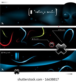 Beautiful neon light in darkness, alien face and another strange elements