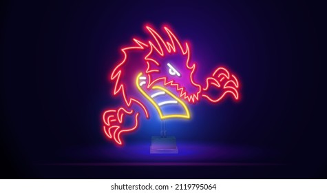 Beautiful neon sign with a red dragon. Chinese mythology, culture, fantastic design. Night bright neon sign, colorful billboard, light banner. Vector illustration in neon style.