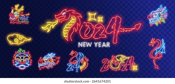 Beautiful neon sign with a red dragon. Chinese mythology, culture, fantastic design. Night bright neon sign with Chinese New Year symbols