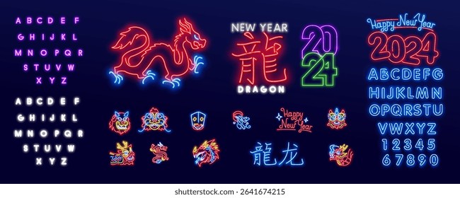 Beautiful neon sign with a red dragon. Chinese mythology, culture, fantastic design. Night bright neon sign with Chinese New Year symbols