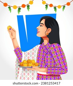 Beautiful Nepalese woman celebrating Diwali with full of happiness and holding Laddu thali in hand. Nepali festival concept