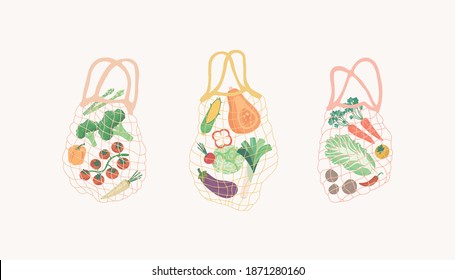 Beautiful Net Bag, Trendy Shopper. Zero Waste Fabric Bags With Organic Vegetables. Eco Market, Grocery Shop, Local Market.