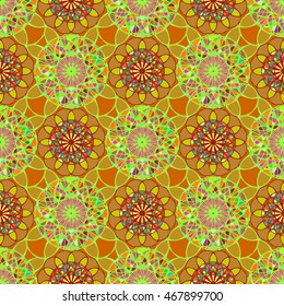 Beautiful new coloful stained glass kaleidoscope on a background of leaves seamless pattern for new design.