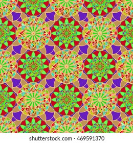 Beautiful new coloful stained glass kaleidoscope on a background of leaves seamless pattern for new design.