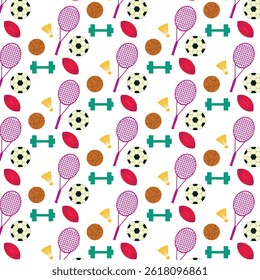 BONITO E NOVO DESIGN ESPORTES BAT, BOLA, SHUTTLE ÍCONE COBERTURA DE PADRÃO SEM COSTURA, FUNDO, CARTAZ, PAPEL DE PAREDE, ILUSTRAÇÃO GRÁFICA