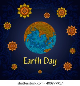 
Beautiful new poster to Earth Day . Planet against the starry sky. The composition is decorated with ethnic ornaments .