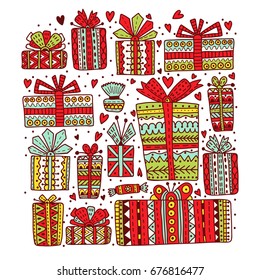 Beautiful New Year boxes in Doodle style. A bright Christmas pattern. Beautiful design for decorating postcards and posters.