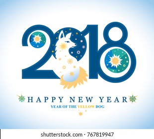 Beautiful New Year card by 2018. Vector template with winter stars and cute white dog with a yellow tail. Decorative illustration for festive design.