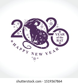 Beautiful New Year card with the symbol of 2020 Rat. Chinese Oriental Horoscope for 2020 Metal Rat. Silhouette of figures and snowflakes. Vector element for New Year's design. 
