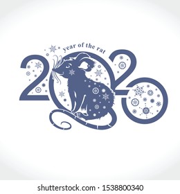 Beautiful New Year card with the symbol of 2020 Rat. Blue pattern 2020. Silhouette of figures and snowflakes. Vector element for New Year's design. 