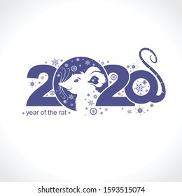 Beautiful New Year card with the symbol of 2020 Rat. Charming white mouse and snowflakes. Vector element for New Year's design. 