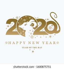 Beautiful New Year card with the symbol of 2020 Rat. Charming white mouse and snowflakes. Vector element for New Year's design. 