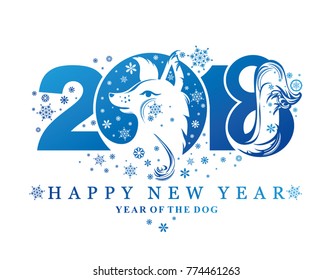 Beautiful New Year card with the symbol of 2018 Dog. Blue pattern 2018. Silhouette of figures and snowflakes. Vector element for New Year's design.