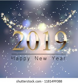 A beautiful New Year greeting banner with a blurred background, a golden inscription 2019 of the happy new year. Glowing garland and bokeh effect.