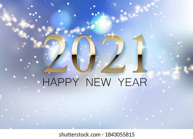 A beautiful New Year greeting banner with a blurred background, a golden inscription 2021 of the happy new year. Glowing garland and bokeh effect.