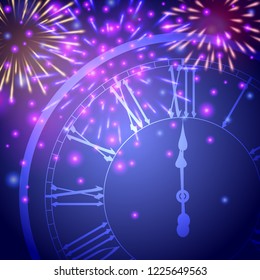 Beautiful New Year greeting card with colorful glittering fireworks and a clock on blue background.