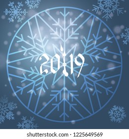 Beautiful New Year greeting card with a clock in shape of a snowflake on blue background with snowflakes.