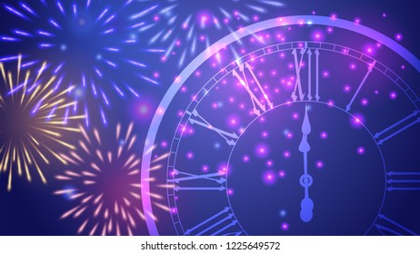 Beautiful New Year greeting card with colorful glittering fireworks and a clock on blue background.