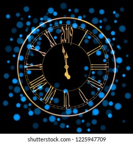 Beautiful New Year greeting card with blue glittering lights and a golden clock on black background.