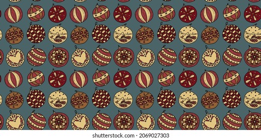 hermoso patrón de Año Nuevo con bolas de Navidad coloreadas sobre un fondo gris para tela, papel envolvente y otras decoraciones festivas