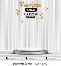 beautiful new year sale social media template banner post with blank space 3d podium for product with gradient white background