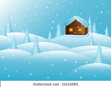 Beautiful new year vector background with little house in the snowy winter forest