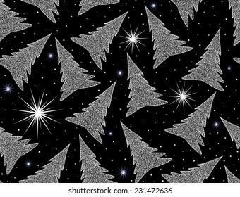 Beautiful New year vector seamless pattern with Christmas trees and shining snowflakes