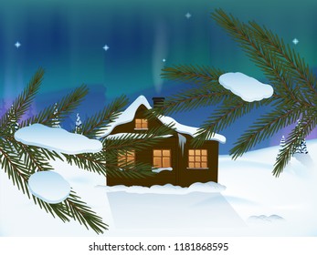 beautiful new year view through the fir branches on the mountain log cabin and the Northern lights