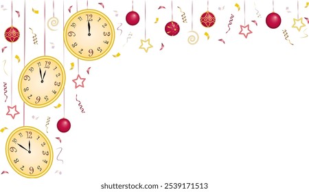 A beautiful New Year's background with New Year's toys and a clock that shows the countdown