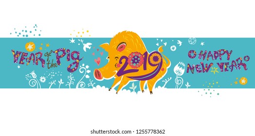 Beautiful New Years banner with a cartoon yellow boar symbol of 2019 on turquoise background. Year of the Pig 2019 on the Chinese calendar.