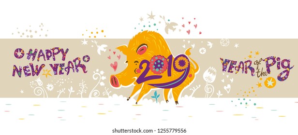 Beautiful New Years banner with a cartoon yellow boar symbol of 2019. Year of the Pig 2019 on the Chinese calendar. 