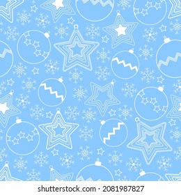 Beautiful New Year's pattern with white contours  decorations on a blue background. Seamless pattern for wallpapers, fabrics, cards, packaging, gift paper etc.