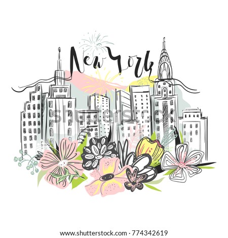 Beautiful New York skyscrapers, skyline with floral, flowers bouquet and fireworks. Hand drawn, vector watercolor, vintage style drawing