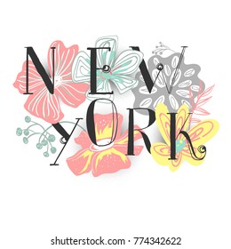 Beautiful New York typography, hand drawn (freehand) illustration. Paper cutout doodle flowers with shadow