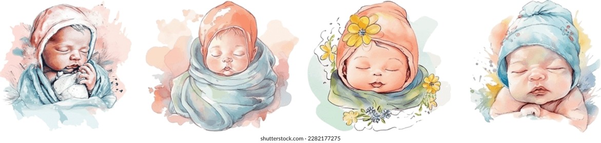 Beautiful Newborn Cute Sleeping Baby Watercolor Vector, Watercolor Hand Draw Illustration, Baby Shower  Birthday Painting Card, Handmade Painting, with White Isolated Background