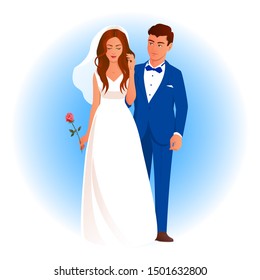 Beautiful newlywed couple in wedding attire. The bride stands with a rose, the groom is nearby and gently looks at her lover. Vector romantic illustration.